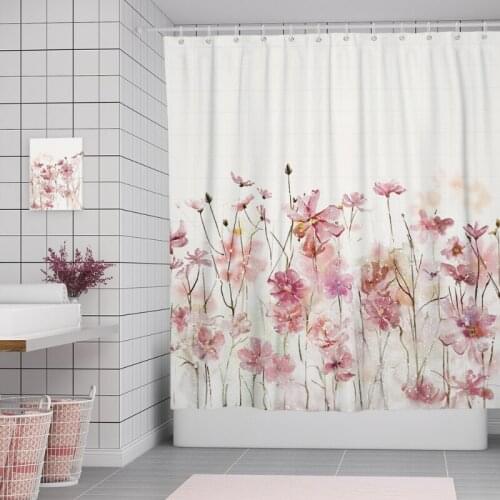 Fabric Shower Curtain Pink Flowers Bathroom Curtain with Hook and Loop Waterproof Shower Curtain Spring Home Decoration