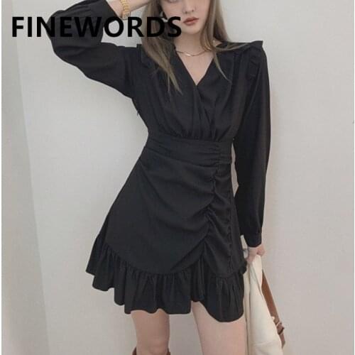FINEWORDS Vintage Casual White Shirt Dress Long Sleeve Shirring V Neck Blouse Dress Elegant 2021 Spring A Line Club Mini Dresses