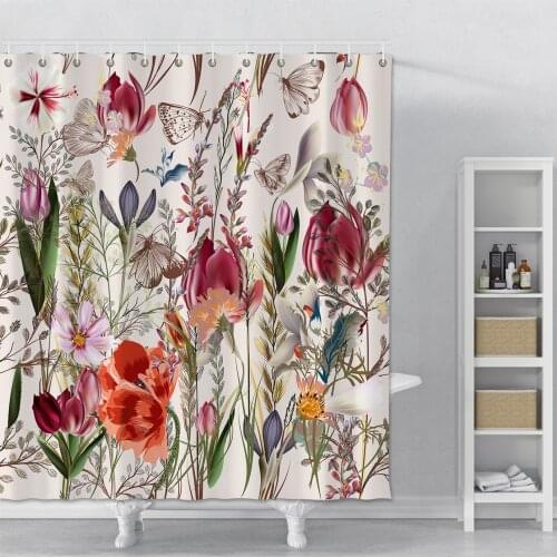 Plant Series Shower Curtain For Bathroom Waterproof Polyester Shower Curtain Print Flowers Butterflies Shower Curtain With Hooks
