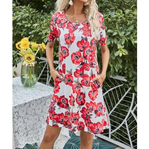 Fashion Floral Printing Dress For Women Elegant Loose Round Neck Short Sleeve Home Knee-length Skirt Hot Sale For Women 2021
