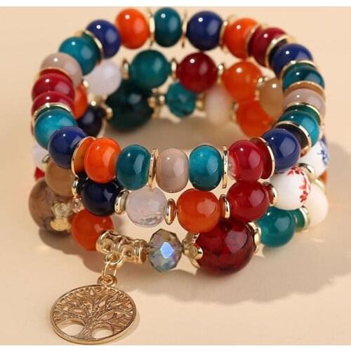 DIEZI Bohemian Ethnic Multicolor Crystal Beads Bracelet Women Girls Gift Elastic Rope Tree Charm Wrap Bracelet pulseira feminina