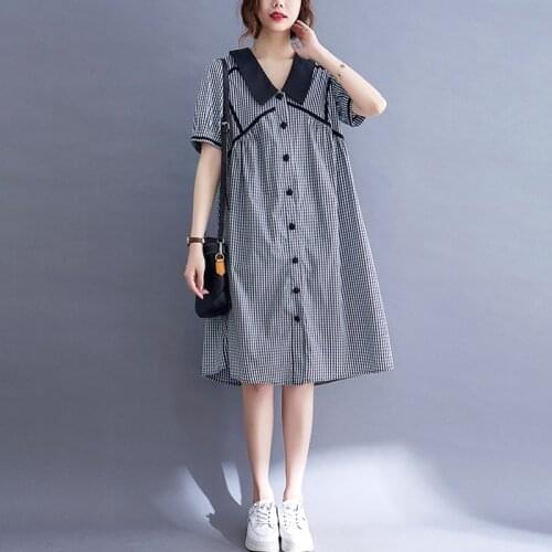 Oversized Women Cotton Casual Shirt Dress New Arrival 2021 Summer Preppy Style Loose Ladies Plaid Knee-length Dresses B802
