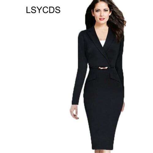 2020 Elegant Long Sleeve Work Dress Vestidos Solid Black Notched Women Pencil Dresses With Belt Plus Size S-2XL JA237