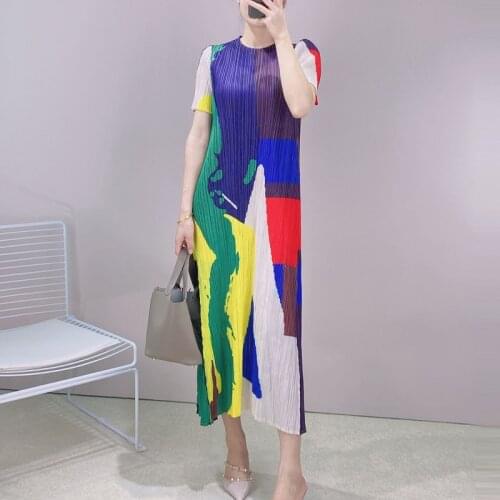Miyak Pleated Fashion women dresses summer 2021 New Round neck short sleeve Printed Slim large size High elasticity A-line Dress
