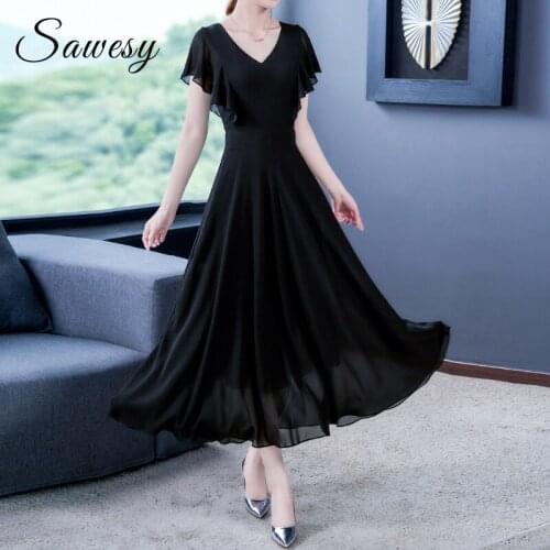 Plus Size Chiffon Long Dress Women 2020 Summer New Arrival Ruffle Short Sleeve Elegant Plain Swing Dresses Red Black