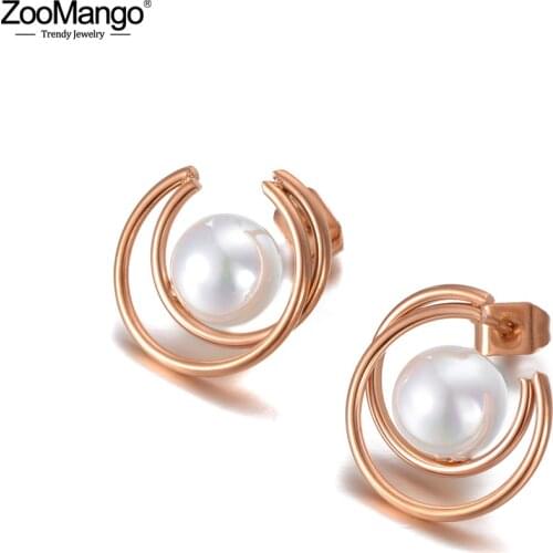 ZooMango Fashion Titanium Stainless Steel White Simulated Pearl Earrings For Women Geometric CZ Crystl Party Earrings ZE20123
