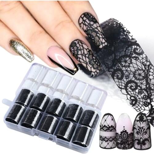 10 Roll Nail Art Transfer Foil Sticker Set Black White Lace Flower Adhesive Starry Paper Manicure UV Gel Wraps Decals LA1017-1