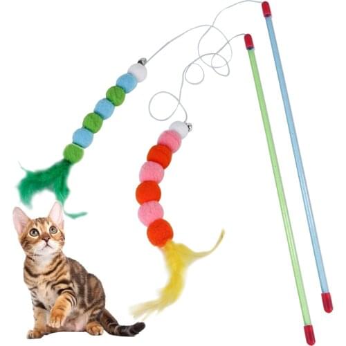 2PCS Cat Teaser Toy Fake Feather Cat Wand Cat Stick Toy With Bell Colorful Pompom Toy Cat Teasing Stick Cat Scratch Toy