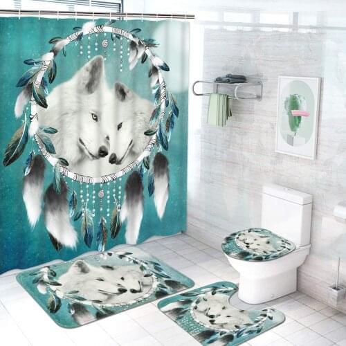4 Pcs Wolf Shower Curtain Sets with Non-Slip Rug Toilet Lid Cover and Bath Mat Wolf Dream Catcher Shower Curtain with 12 Hooks