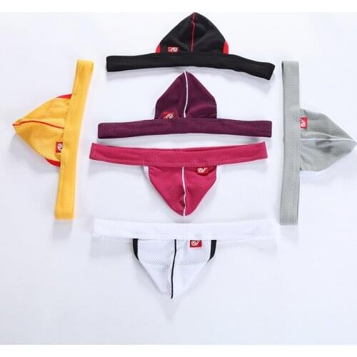 AIIOU Funny Mens Jockstrap Mesh Hole G-Strings & Thongs Sissy Underwear Gay Thong Pouch Mens G String Underwear Pants 6PCS/lot