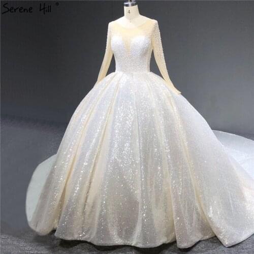 Dubai White Luxury Long Sleeves Wedding Dresses 2021 O-Neck Sequined Beading Lace Up Bridal Gowns Serene Hill HA2266 Cusotm Made