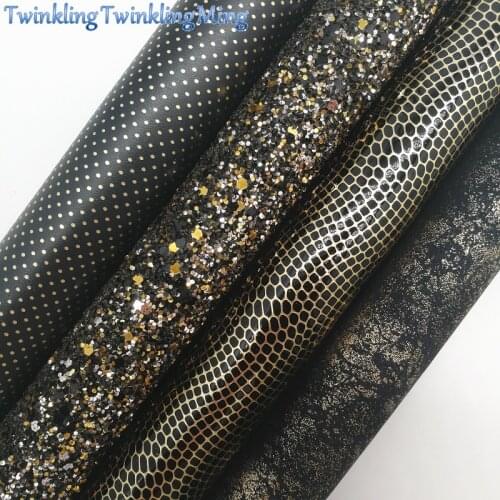 BLACK Glitter Fabric,Dots Metallic Gold Synthetic Leather Fabric Sheets For Bow A4 21x29CM Twinkling Ming XM673