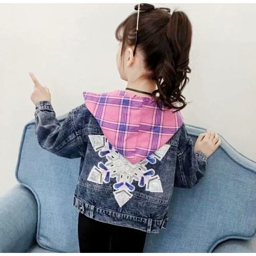 Spring/Autumn Girls Jacket Denim Jacket hooded Childrens Jacket Letter Jeans Teenage Children Outerwear Baby Coat for Girl 1-8
