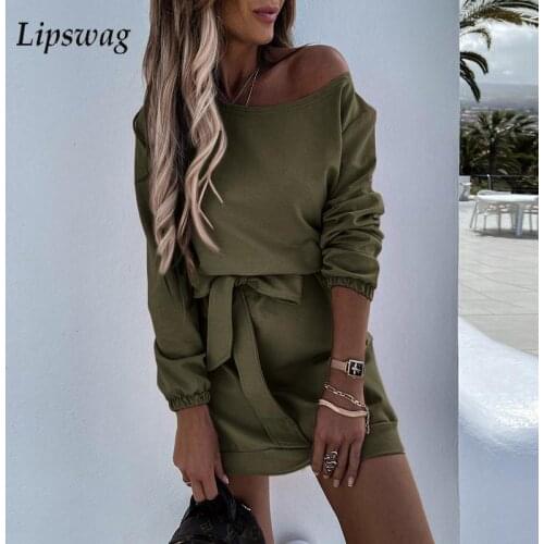 Elegant Sexy Off Shoulder Lace-up Belt Party Dress Casual Long Sleeve Mini Dress Women Fashion Solid 2021 Autumn Dress Vestido