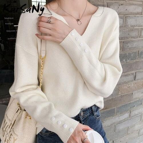 Elegant Women Pullover Winter Autumn Womens Sweater 2021 V Neck Knitted White Sweaters Loose Fashion Pullovers Jumper Sweater