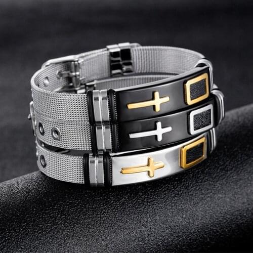 Gosun Titanium Steel Jewelry Cross Stainless Steel Net Mesh Belt Personality Bracelet Mens Bracelet Size Adjustable