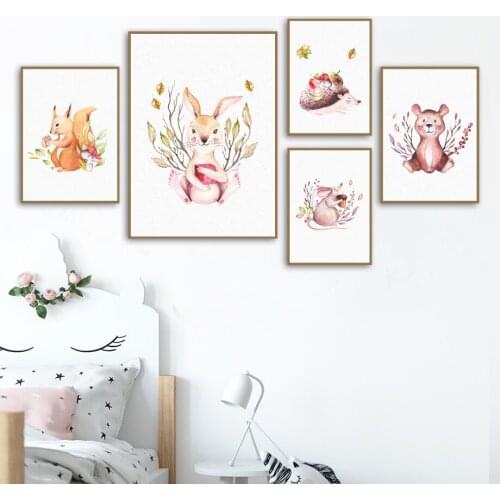 Cartoon Hedgehog Squirrel Rabbit Mouse Animal Wall Art Canvas Painting Nordic Posters And Prints Wall Pictures Kids Room Decor