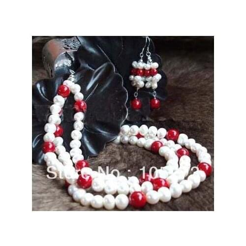 New Arriver White Freshwater Pearl Red Coral Necklace Earrings 7-8mm 16-18'' 3Rows Hot Sale Top Quality New Free Shipping