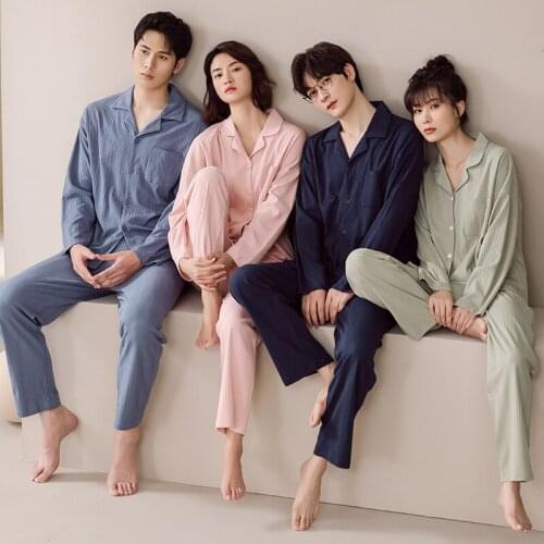 JULYS SONG Woman Cotton Woman Pajamas Long Sleeves Man Pajamas Set Trousers Casual Sleepwear Suit Couple Homewear Big Size