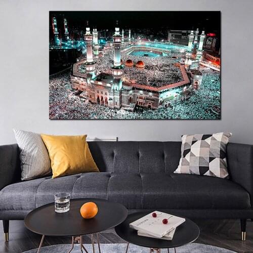 Posters and Prints Canvas Painting Wall Art Picture Islam Pilgrimage To Mecca Sacred Mosque Night for Living Room Home Decor
