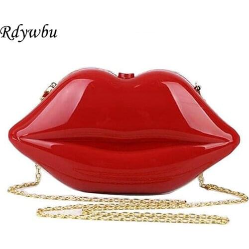 Rdywbu Women Acrylic Red Lips Evening Clutches Funny Chain Dinner Shoulder Handbag Cell Phone Purse Wedding Party Bolsas SJ189