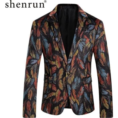 Shenrun Men Blazer Slim Fit Jacket Fashion Casual Blazers Feather Print Suit Jackets Party Prom Singer Host Stage Dress Costume