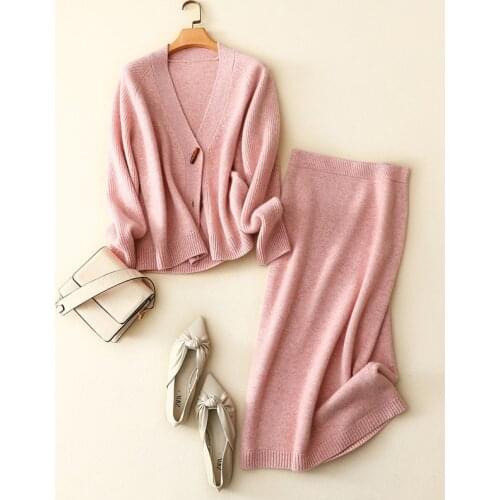 High quality winter new styles 100% cashmere v neck cardigan women knitted high waist skirt fashion ladies elegant knitwear