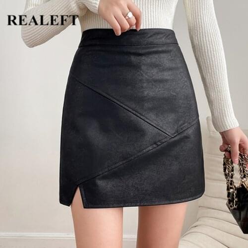 REALEFT Autumn Winter Black Faux PU Leather Women Side Split A-Line Skirts 2021 New High Waist Office Wrap Sexy Mini Skirts