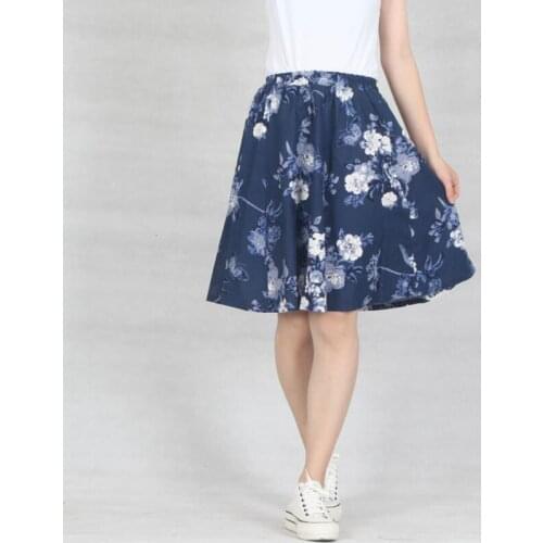 2021 Women Summer Cotton Linen A-Line Skirt Elastic High Waist Print Floral Skirt Elegant Casual Skirts For Women S466