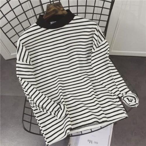 Zuolunouba Spring Summer Black White Striped Harajuku Women T-shirts New Office Lady Long Sleeve O-neck Tees Tops Female