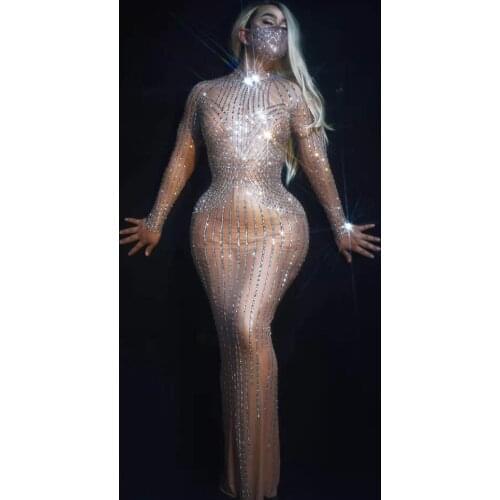 Sexy Rhinestones Mesh Celebrate Dress Women Evening Costumes Prom Party Long Dresses Birthday Stage Wear Nightclub Outfit Dress