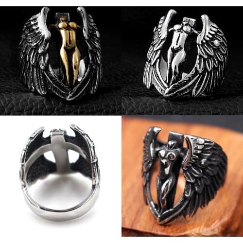 316L Golden Angel Wing Cross Chief Mens Calvarium Punk Vintage Ring Gothic Stainless Steel Biker Rings Motorcycle jewellery