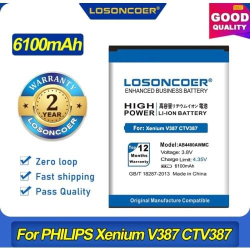 100% Original LOSONCOER AB4400AWMC 6100mAh Battery For PHILIPS Xenium V387 CTV387