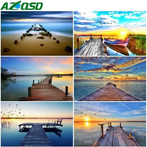 AZQSD 5D Diamond Painting Full Drill Square Sunset DIY Diamond Embroidery Sale Bridge Landscape Wall Art Decor For Home