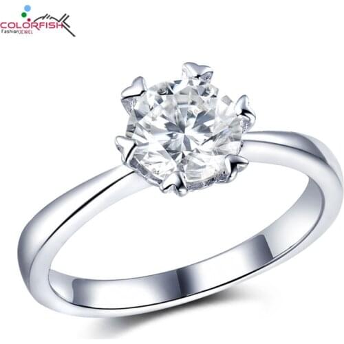 COLORFISH 925 Sterling Silver Round shape Moissanite Six Claws Solitaire Classic 1 Carat Engagement Wedding Band Rings