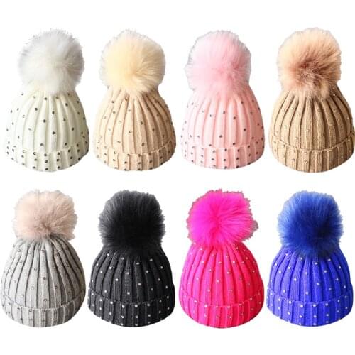 Children Fur Ball Knit Hat Point Drill Warm Hat Ball Winter Beanie Cap Winter Knitted Hats For Baby Fur Pompom Skullies Beanies