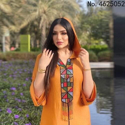 Ethnic Beaded Tassel Hooded Abaya Dress Fashion Muslim Women Clothing Moroccan Caftan Dubai Turkey Arabic Robe Orange