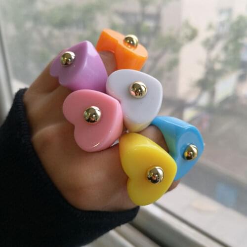 HUANZHI 2021 New Korean Trendy Vintage Aesthetic Love Heart Acetate Colorful Acrylic Thick Rings For Women Girls Jewelry Gifts