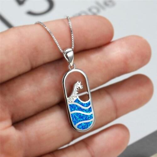 Dainty Fashion Ocean Wave Wedding Necklace Boho Female Blue Opal Pendant Necklace Classic Silver Color Chain Necklaces For Women