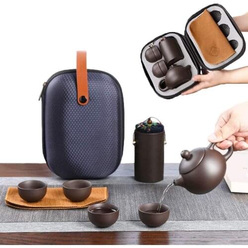 Ceramic Travel Tea Sets 6Pack Chinese Kungfu Tea Set Portable Travel Bag Purple Clay tea pot set for Travel, Home, Outdoor