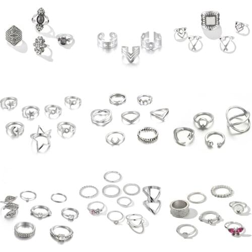 Tocona Simple Geometric Stars Moon Silver Color Rings for Women Punk New Fashion Boho Joint Finger Rings Set Jewelry Accessories