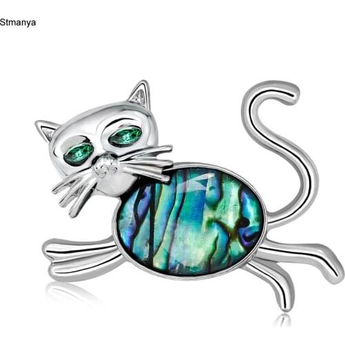 Fashion Natural Shell Cat Animal Enamel Brooches for Women Wedding Bouquets Silver Color Lapel Pins and Brooch Jewelry Gift 1301