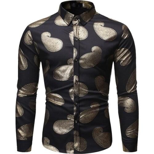 Mens Black Paisley Bronzing Dress Shirts Long Sleeve Shiny Disco Party Shirt Men Chemise Homme Stage Dance Nightclub Shirt Male