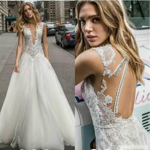 Netta BenShabu Collection Wedding Dresses Deep V Neck Lace Appliques Beaded Beach Bridal Gown Backless Bohemian Vestido De Noiva