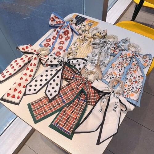 New Korean Women Pearl Elastic Hair Ties Bow Printing Silk Scarf Hair Bands Girl Sweet Tie Ponytail Hair Rope Hair Accessories