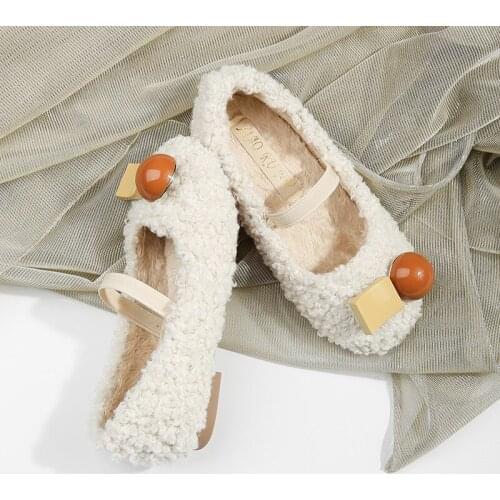Autumn Kids Cute Shoes Children Fur Warm Flats Toddler Faux Lamb wool Winter Mary Jane Ivory Black Non Skid Home School shoe