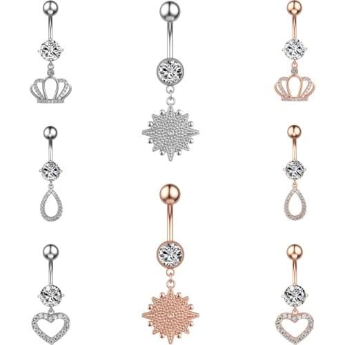 Stainless Steel Heart Water Drop Crown Octagonal Star Belly Navel Piercing Button Ring Crystal Woman Body Jewelry Accessory
