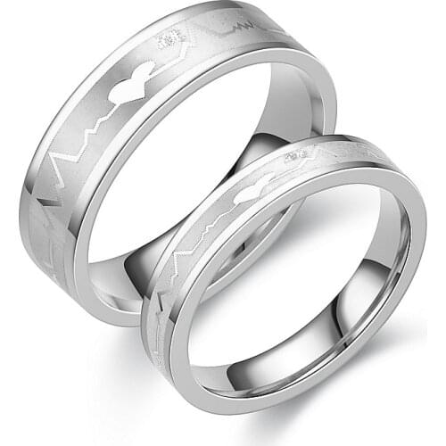 Romantic Couple Heart Shaped ECG Ring 4/6mm Silver Color Stainless Steel Wedding Love Rings for Women Men Fashion Jewelry