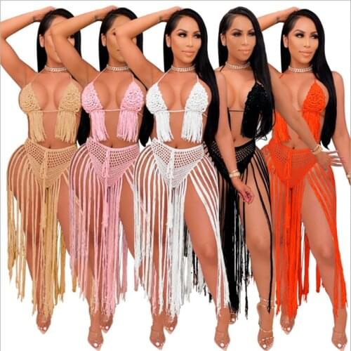 Zoctuo Sexy Crochet Bra Top Two Piece Set For Women Hollow Out Tassel Skirt Beach Dress Halter Solid Sexy Women Set