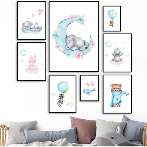 Elephant Rabbit Bear Balloon Moon Jungle Safari Wall Art Print Canvas Painting Nordic Poster Wall Pictures Baby Girl Room Decor
